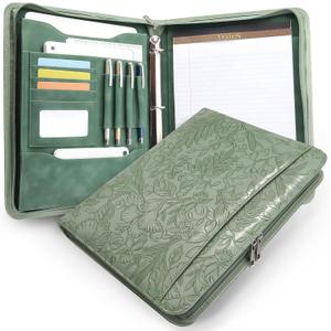 Embossed Faux Leather Zippered Padfolio with 3 Ring Binder, Executive Portfolio Organizer Binder for Women, Fits 13.9" Laptop/Tablet, Refillable Writing Pad Pocket, Green