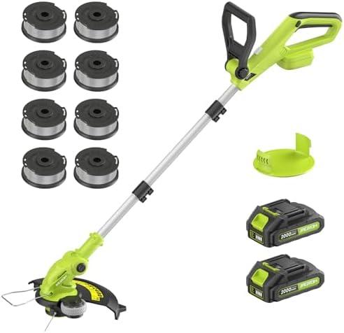 Electric String Trimmer Cordless with 2x2.0Ah Battery, 20V Weed Wacker Weed Eater with Charger, 12-inch Lawn Mover & Edger Lawn Tool, Powered Grass Trimmer with 8pcs Spool Line for Yard, Garden, Green