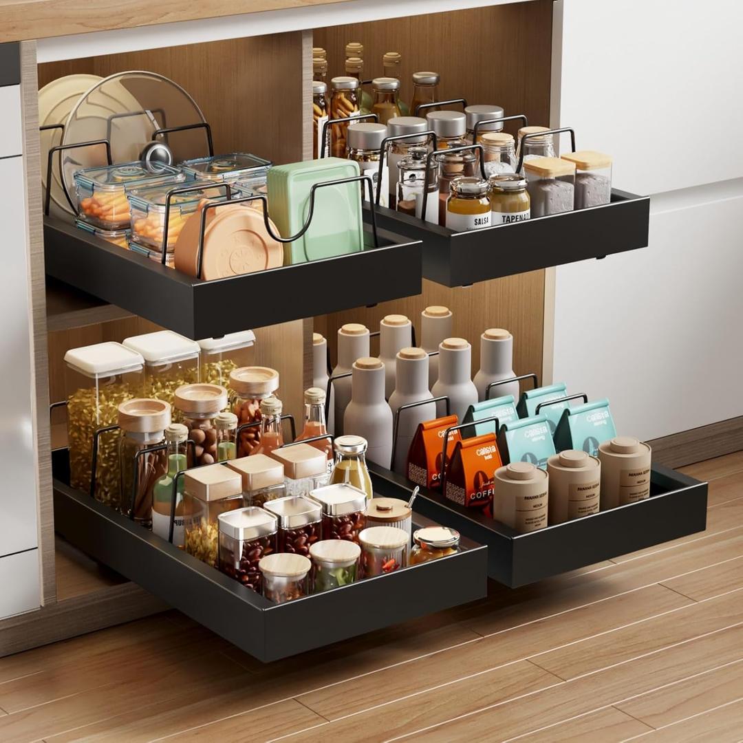 2 Pack Pull Out Cabinet Organizer with 8 Dividers, 21.8" Deep Slide Out Drawer for Cabinets Adhesive Pull Out Drawers Heavy Duty Pull Out Shelf for Kitchen, Cupboard, Pantry, Bathroom(Black)