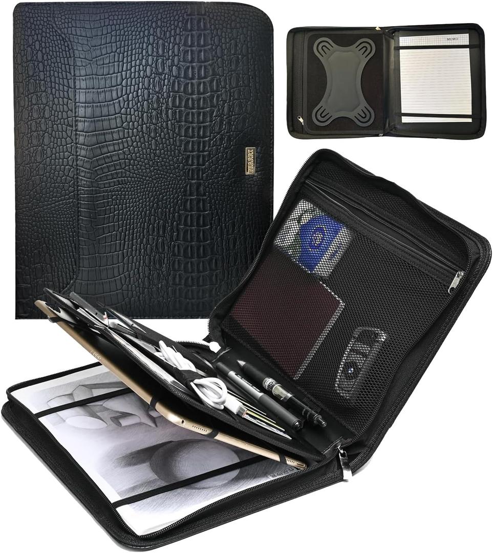 Compatible with iPad Portfolio PU Leather Padfolio Case, Zippered Portfolio Organizer, Handmaking Universal Tablet Case for 8.5 9 10.2 10.9 11 10.1 inch Android Tablet case(Black)