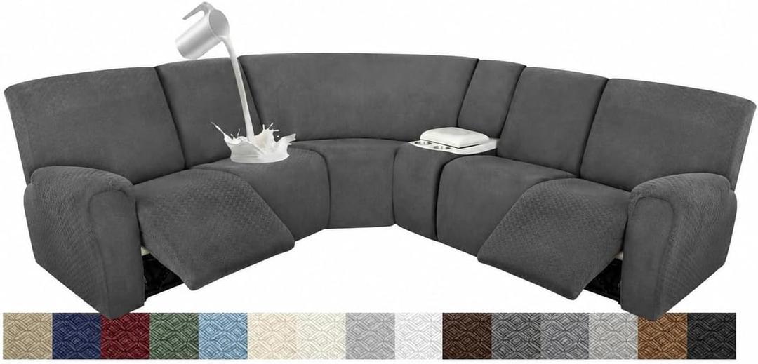Waterproof Sectional Recliner Couch Covers for Reclining Couches Washable L Shaped Sofa Cover for Dogs Sectional Stretch Corner Recliner Slipcovers (5 Seater 1 Console Cover, Charcoal Gray)