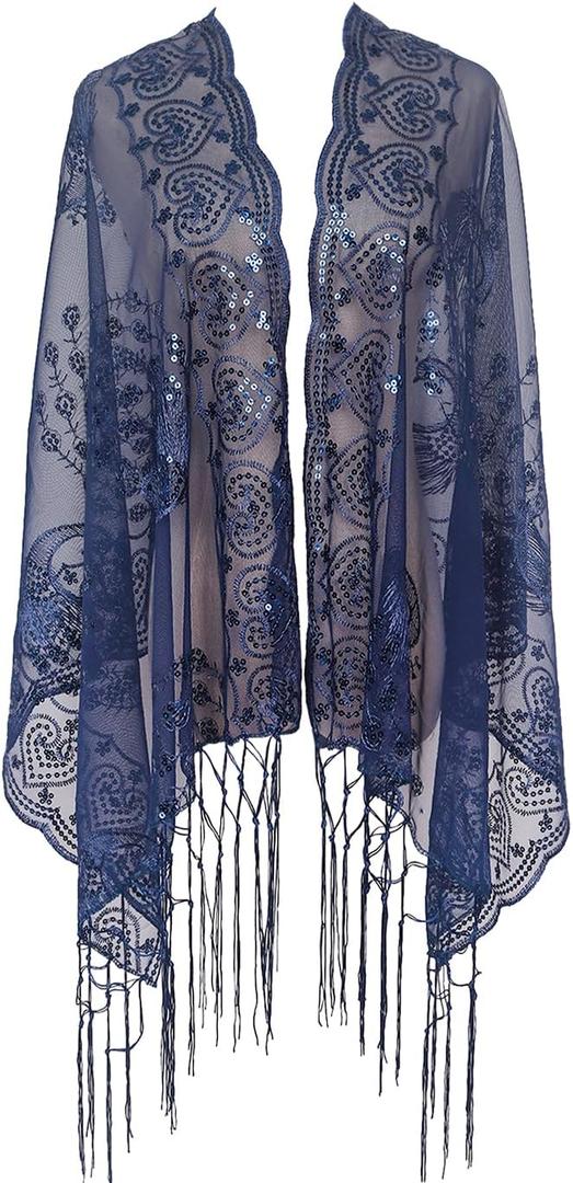 L'VOW Women's Glittering 1920s Scarf Mesh Sequin Wedding Cape Fringed Evening Shawl Wrap