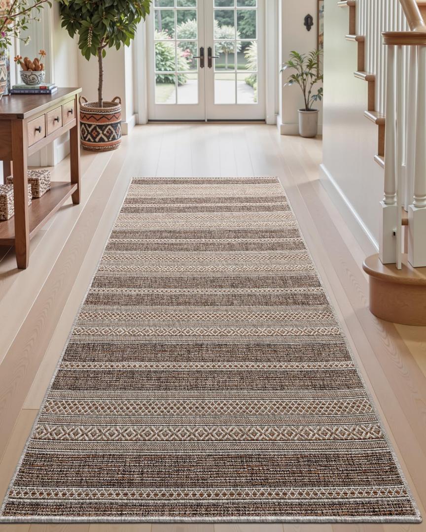DEXI Hallway Runner Rug 3.3x8, Woven Braided Farmhouse Runner Carpet Indoor, Absorbent Thin Long Entryway Runners for Kitchen, Laundry Room, Patio Entrance, Striped Brown