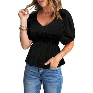 Acelitt Women's Spring Summer Puff Short Sleeve Peplum Top Casual V Neck Smocked Blouses Dressy Shirt, M, Black