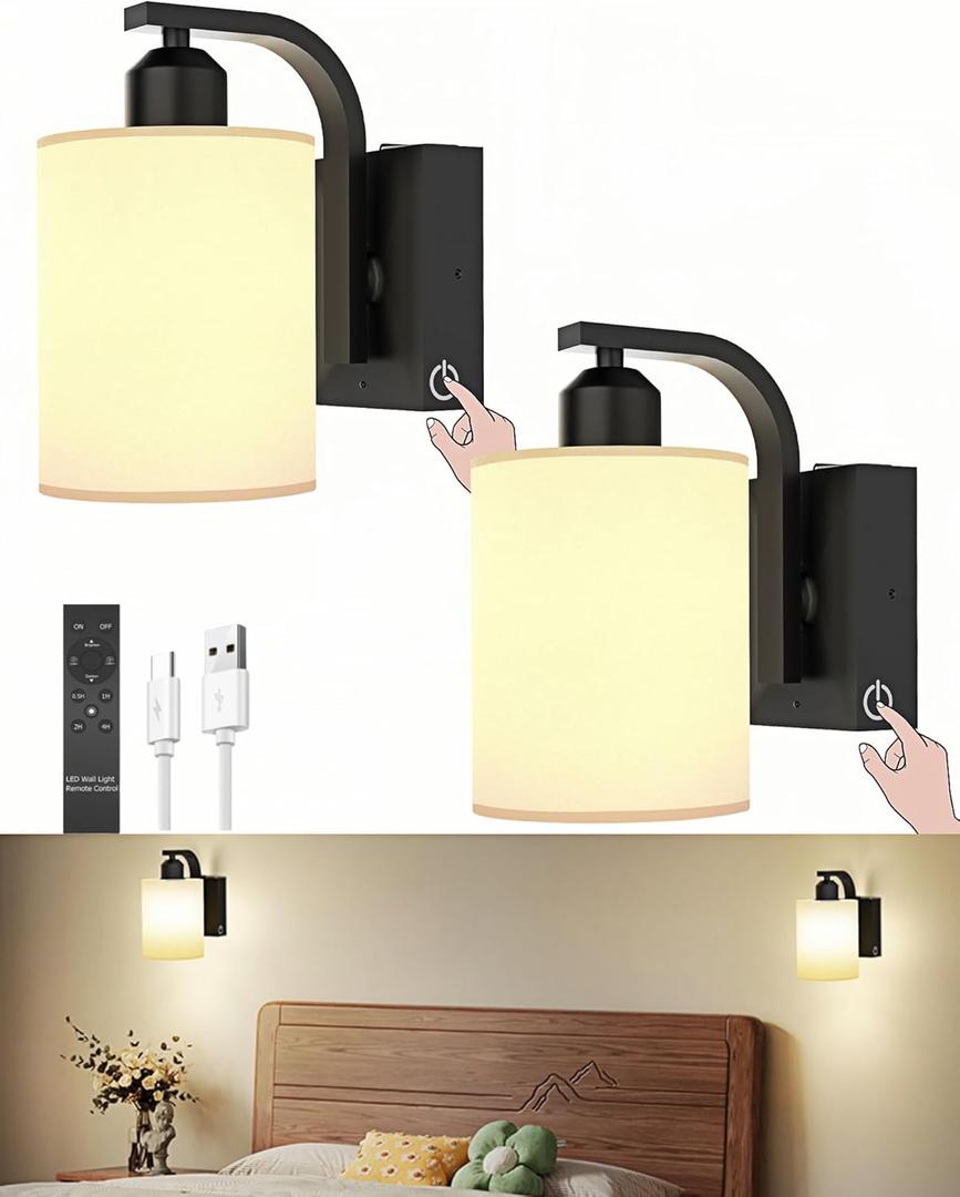 iThird Wall Sconce Battery Operated Set of 2, 6000mAh Rechargeable Wall Lights with Touch Control and Remote Control, Wireless Wall Lamps for Bedroom, Black Sconces Wall Decor for Living Room Hallway