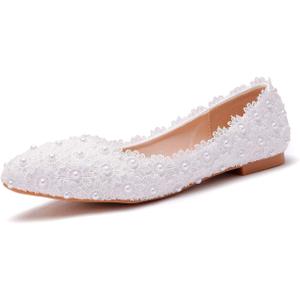 Comfortable Women Flats Handmade White Lace Bridal Ballet Flats Closed Toe Shoes Bride Wedding Shoes (Size: 9"/41cm)