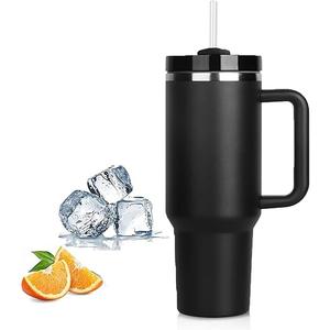 Insulated Coffee Mug, 40oz Stainless Steel Tumbler with Straw and Handle, Vacuum Insulated Double Wall Vacuum Travel Coffee Mug, Leakproof Coffee Cups Reusable (Black)