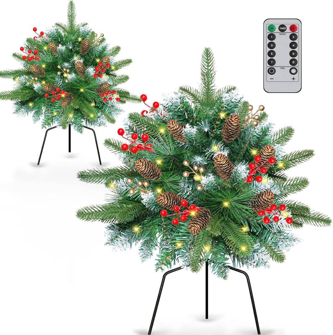 Set of 2 24Inch Lighted Christmas Tree Urn Filler, Artificial Holiday Planters, Flocked Xmas Trees with Cones Berries, Outdoor Christmas Decorations for Planter, Porch, Yard (Green)