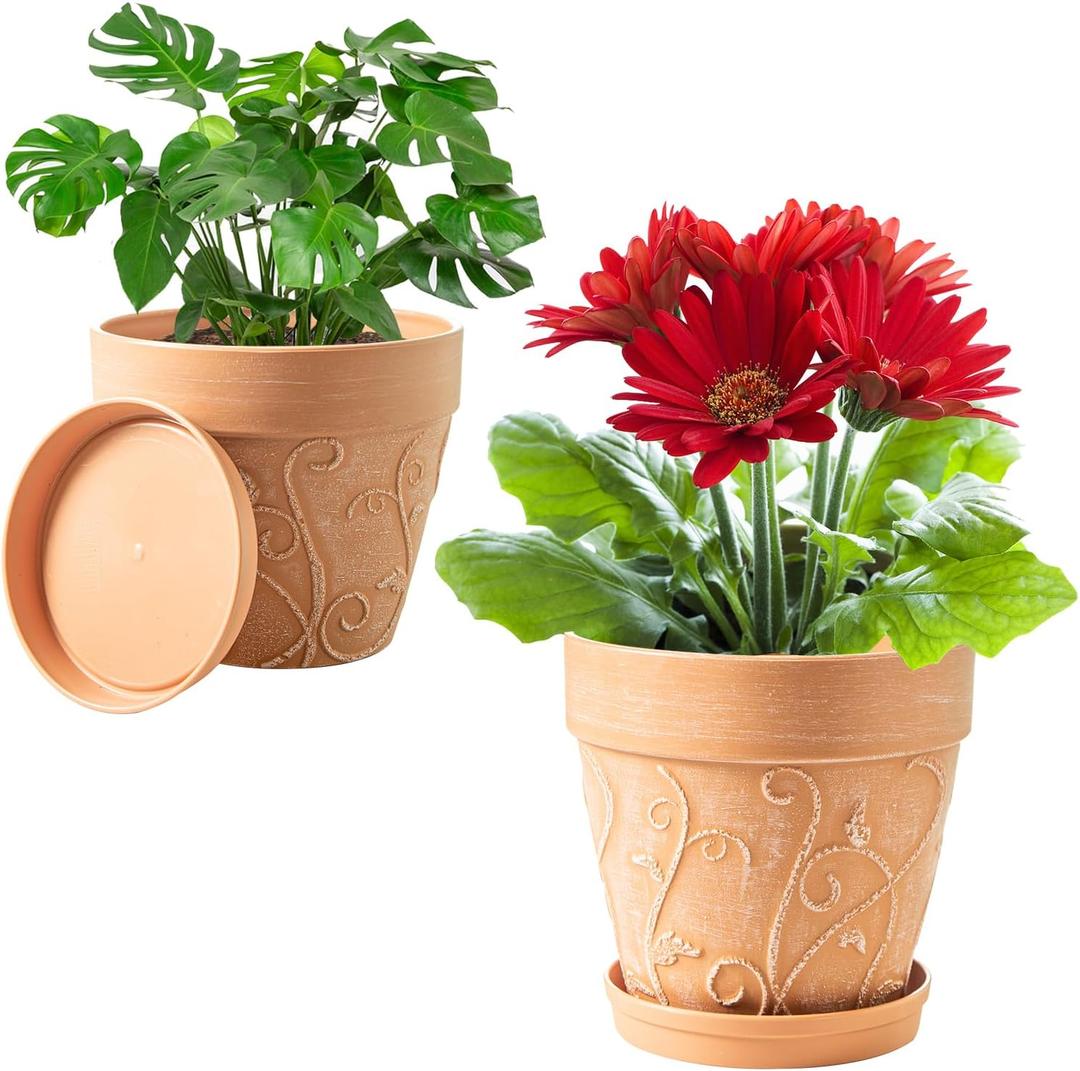 2 x Melphoe Plant Pots Indoor with Drainage & Saucer, 2Pack 7/8 inch Flower Pots Outdoor Planters for Indoor Plants Garden Home Decor Cactus Succulent, Rigid Plastic (Imitation-Terracotta) Vine-Embossed