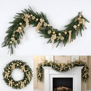 6ft Christmas Norfolk Pine Garland with Light Realistic Prelit Christmas Garland with Bow Berry Stem Ball Real Touch Greenery Garlands for Mantle Fireplace Table Home Decor(Gold)