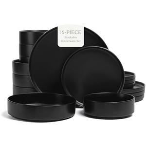 over&back 16-Piece Stackable Dinnerware Dish Set - Stoneware Dishes - Includes 4 Dinner Plates, 4 Salad Plates, 4 Cereal Bowls, and 4 Dinner Bowls - All-Occasion Place Settings - Semi-Matte Black