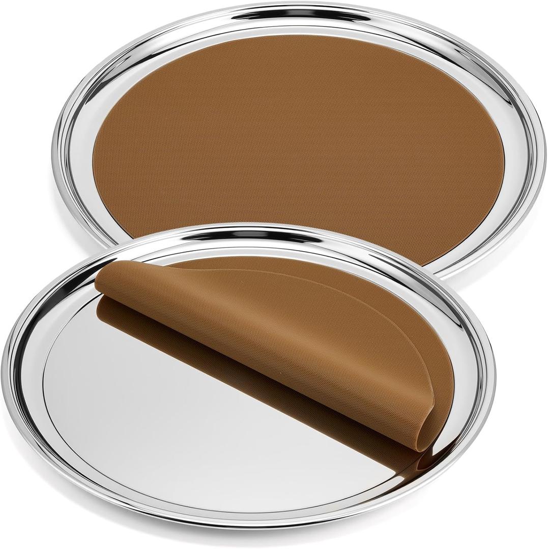 Lemonroad 2 Set Round Silver Mirror Serving Tray 19.69 Inches