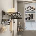 VOLDRA Towel Racks for Bathroom, 24-Inch Towel Shelf with Towel Bar Foldable Towel Holder with 7 Hooks Towel Storage Organizer for Bathroom & Lavatory Wall Mounted(Matte Black)
