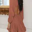 Lantern Long Sleeve Flowy Summer Backless Mini Sundress for Women 2023 Casual V Neck Cut Out Empire Waist Skater Dresses (Brown, S)