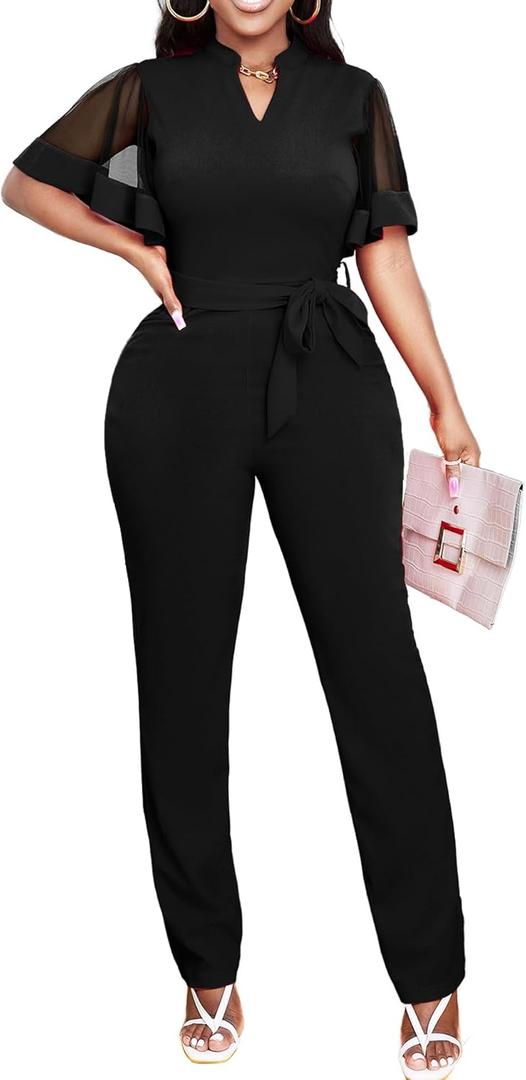 Yiershu Women's Jumpsuits Casual Dressy One Piece Outfits V Neck Formal Short Sleeve Mesh Ruffle Sleeve Romper (XX-Large, Black)