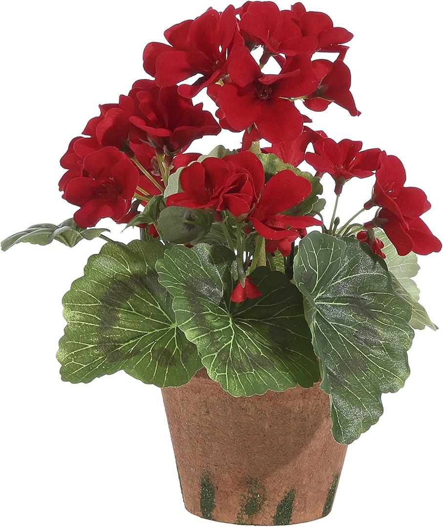 9 Inch High Red Geranium - Artificial Flowers with Leaves Bound with Moss