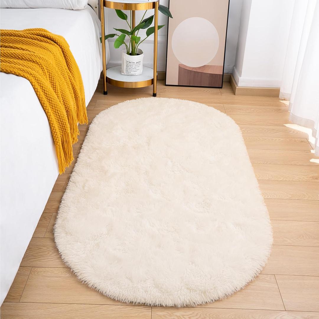 Fluffy Bedroom Rug, Small Oval Area Rugs, Cream Shag Bedside Carpet for Kids Room Nursery Dorm Cute Fuzzy Indoor Decor for Boy and Girl, 2.6 x 5.3 Feet