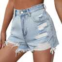 Floerns Women's Ripped Raw Hem High Wait Straight Leg Solid Denim Shorts (Large)