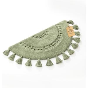 Boho Bathroom Rugs - Half Circle Cotton Mat with Crochet Insert and Tassels - Non-Slip Decorative Bohemian Rug for Bathroom, Bedroom or Entryway - Sage Green 42x22 Soft Machine Washable Accent Rug