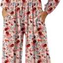 RONGTAI Rompers for Women Floral Print Casual One Piece Jumpsuits Long Sleeve High Waist Wide Leg Pants Romper with Pockets Beach Outfits Pink XLrge