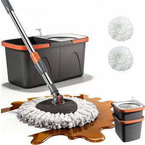 Mop and Bucket Set with Wringer, Stackable Spin Mop System | Stackable Storage Bucket, Hands-Free Wringing, 360 Spin Mop Head, Washable Mop Heads