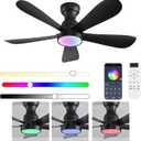 42 Inch Black Ceiling Fans with Lights and Remote/App Control, Flush Mount Ceiling Fan With RGB Dimmable Light, Noiseless Modern Small Ceiling Fan For Bedroom Indoor/Outdoor
