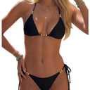 RoseSeek Women's 2 Piece Beaded Bikini Sets Spaghetti Strap Triangle Halter Swimsuits Elegant Beach Outfits Black Medium (Black, M)