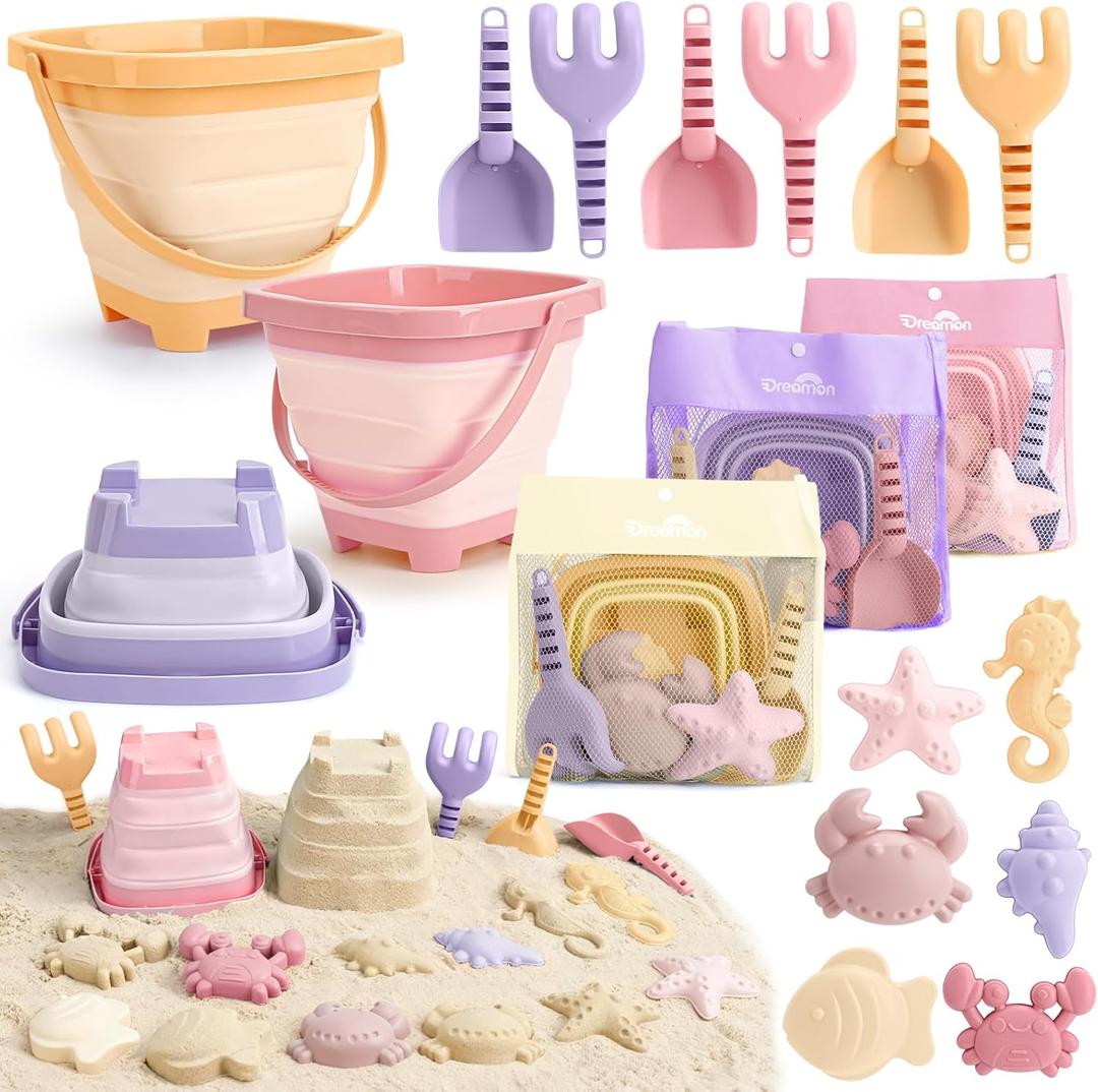 3 Pack Beach Toys Set for Kids Toddlers Girls, Collapsible Sand Buckets with Beach Molds and Mesh Bag, Sandbox Travel Toys Beach Vacation Essentials, Camping Gear, Fishing (Purple/Pink/Yellow)