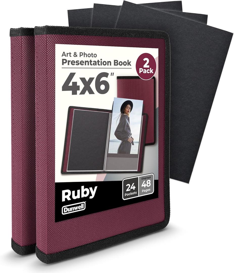 Dunwell Small Photo Album 4x6 (2-Pack, Ruby), Mounting Paper, 4 x 6 Photo & Art Portfolio Presentation Binder, 24 Sleeves Display 48 Pages, Professional Mini Picture Book for Artwork, Postcards