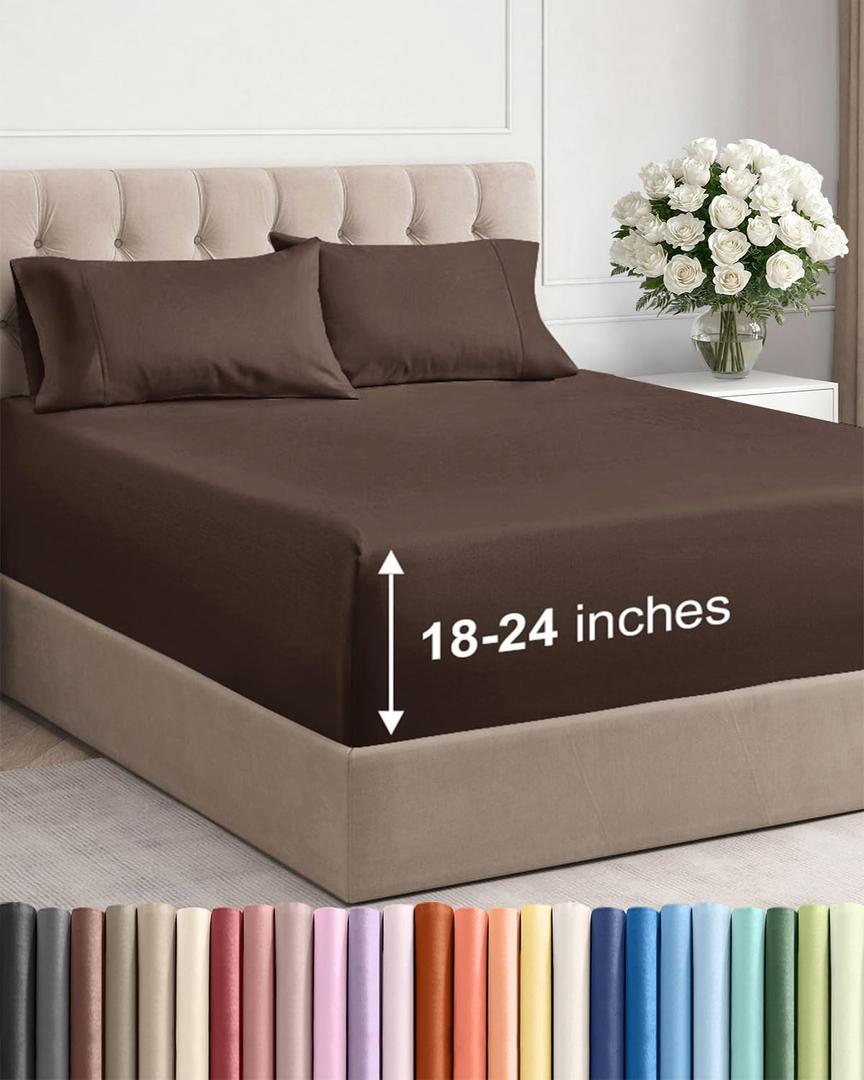Extra Deep Twin XL Sheet Set - 4 Piece Breathable and Cooling Sheets - Hotel Luxury Bedding for Women, Men, Kids & Teens - Easy & Secure Fit - Soft, Wrinkle Free and Comfy - Extra Deep Pockets - Brown