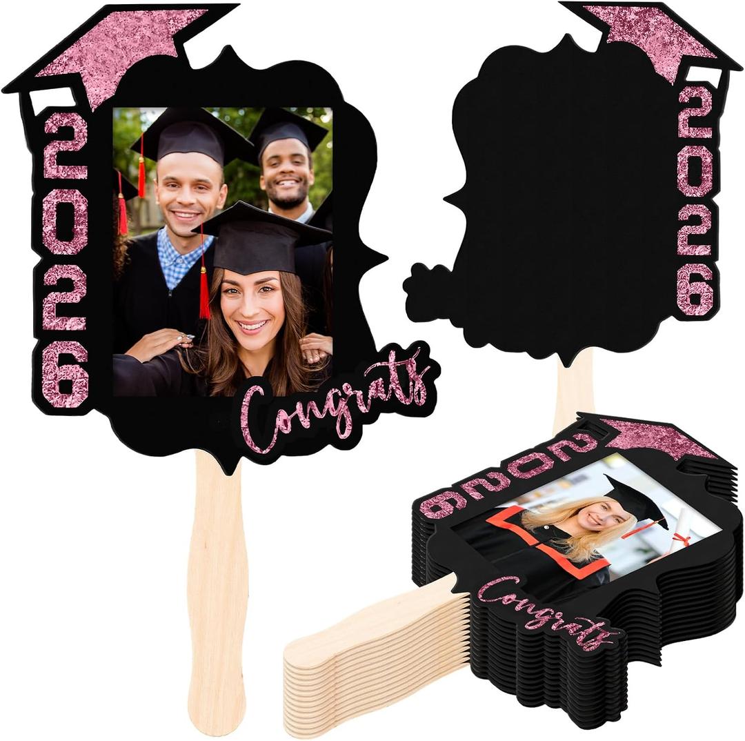 24 Pcs Custom Graduation Cutout Face Fans with Handle Double Sided Grad Party Supplies Class of 2026 Grad Photo Props Blank DIY Photo Frame for Graduation Party Souvenirs (Pink)