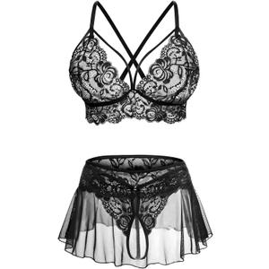 Sexy Lingerie for Women Naughty 3 Piece Lace Bralette, Mini Skirt with G-String Crotchless Lingerie Outfits (Medium, Black)