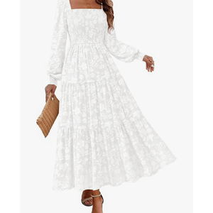 KIRUNDO Wedding Guest Dresses for Women Spring 2026 Long Sleeve Smocked Floral Flowy A Line Boho Maxi Dress Fashion Clothing MEDIUM