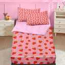 Nesker Zipper Bedding Twin Sweet Pink Fruit Zip Up Bedding Set for Girls and Kids, Cute Strawberry 3 Pcs Comforter Bed in a Bag with Fitted Sheet and 2 Pcs Pillowcases