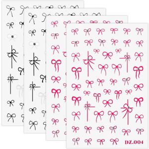 Mabor 4 Sheets Bow Nail Stickers for Nail Art, Embossed Black Pink Bow Nails Decals with Design for DIY Acrylic Nails Art Supplies for Women