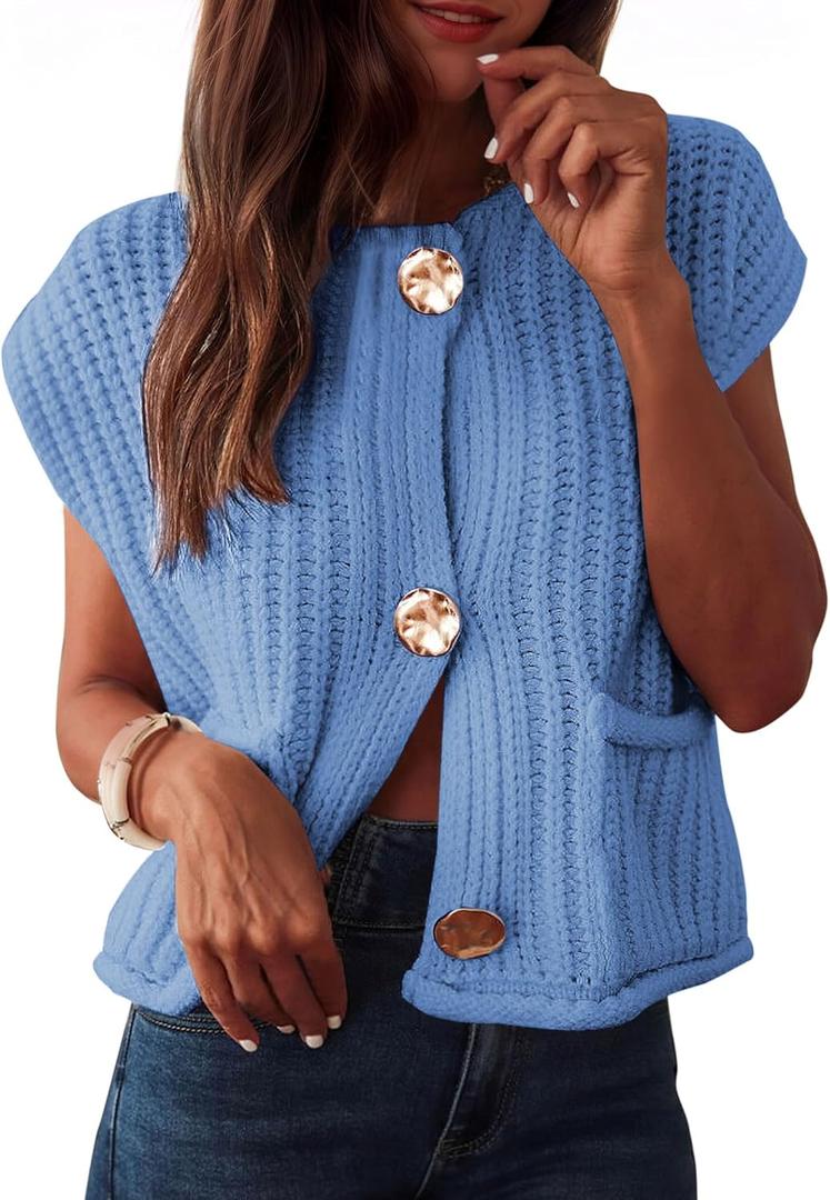 Baonmy Women's Sleeveless Cropped Chunky Knit Cardigan 2025 Casual Button Down Crochet Sweater Vest Tops with Pockets (Large, Blue)