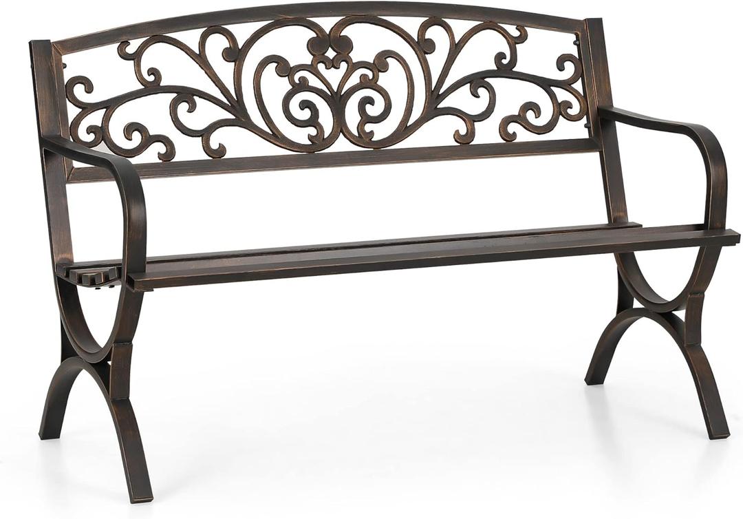 Sophia & William Metal Outdoor Bench, 50" Outdoor Garden Bench Patio Park Bench, Cast Iron Park Benches for Outside with Floral Design Backrest, Bronze