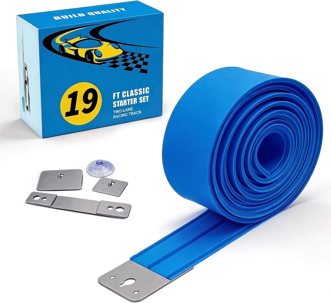 Flexible Race Car Track for Kids Toy, 19Ft Portable TwoLane Racing Starter Set, Wall Mount Suction Cups Magnets Hooks, Compatible for Vehicles up to 1/64th Scale-Blue