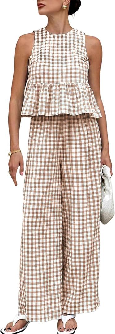 VATEAMI Womens 2 Piece Outfits Sets Gingham Plaid Sleeveless Ruffle Tank Tops and Wide Leg Pants Summer Matching Lounge Sets (Brown-M)