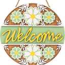 3D Spring Welcome Sign for Front Door, 11.8" Wooden Spring Floral Door Hanger, Outdoor Indoor Flower Wreath Wall Hanging House Decor, Green Yellow March Seasonal Front Porch Home Decorations