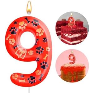 4 Pack Number 9 Black and Red Dog Paw Birthday Candles Cake Topper Red Print Themed Numeral Birthday Candles for Boy Girl Decoration(Number 9, Black,Red,Orange)