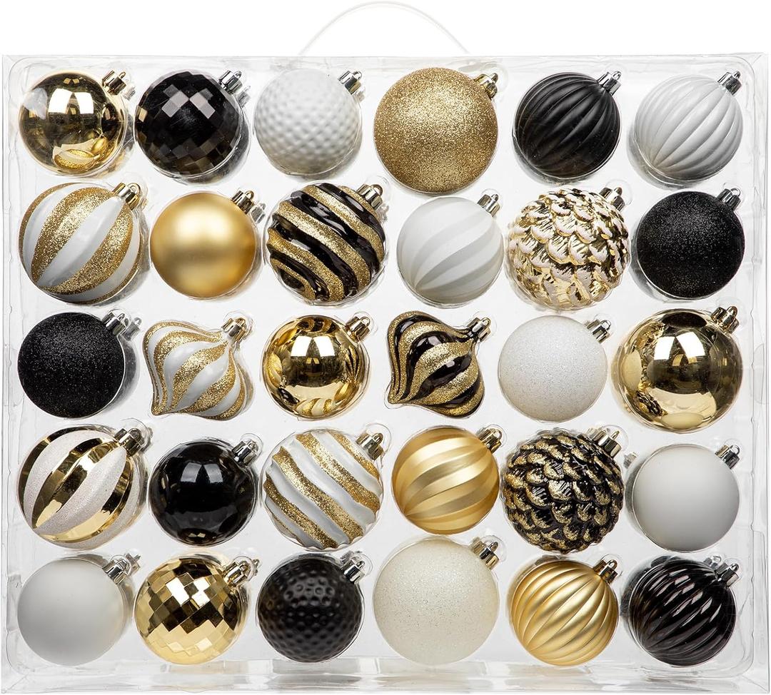 Briful 60PCS Christmas Ornaments Set Black White Gold Christmas Tree Ornaments Balls Plastic Shatterproof Decorative Hanging Ornaments for Xmas Home Winter Holiday Party Decor