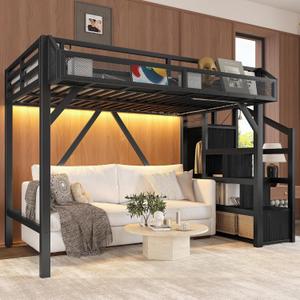 Bellemave Metal Twin XL Size Loft Bed with Stairs and Wardrobe,Heavy Duty Loft Bed Frame with LED Lights and Charging Station for for Kids,Teens,Adults,Black Woodgrain
