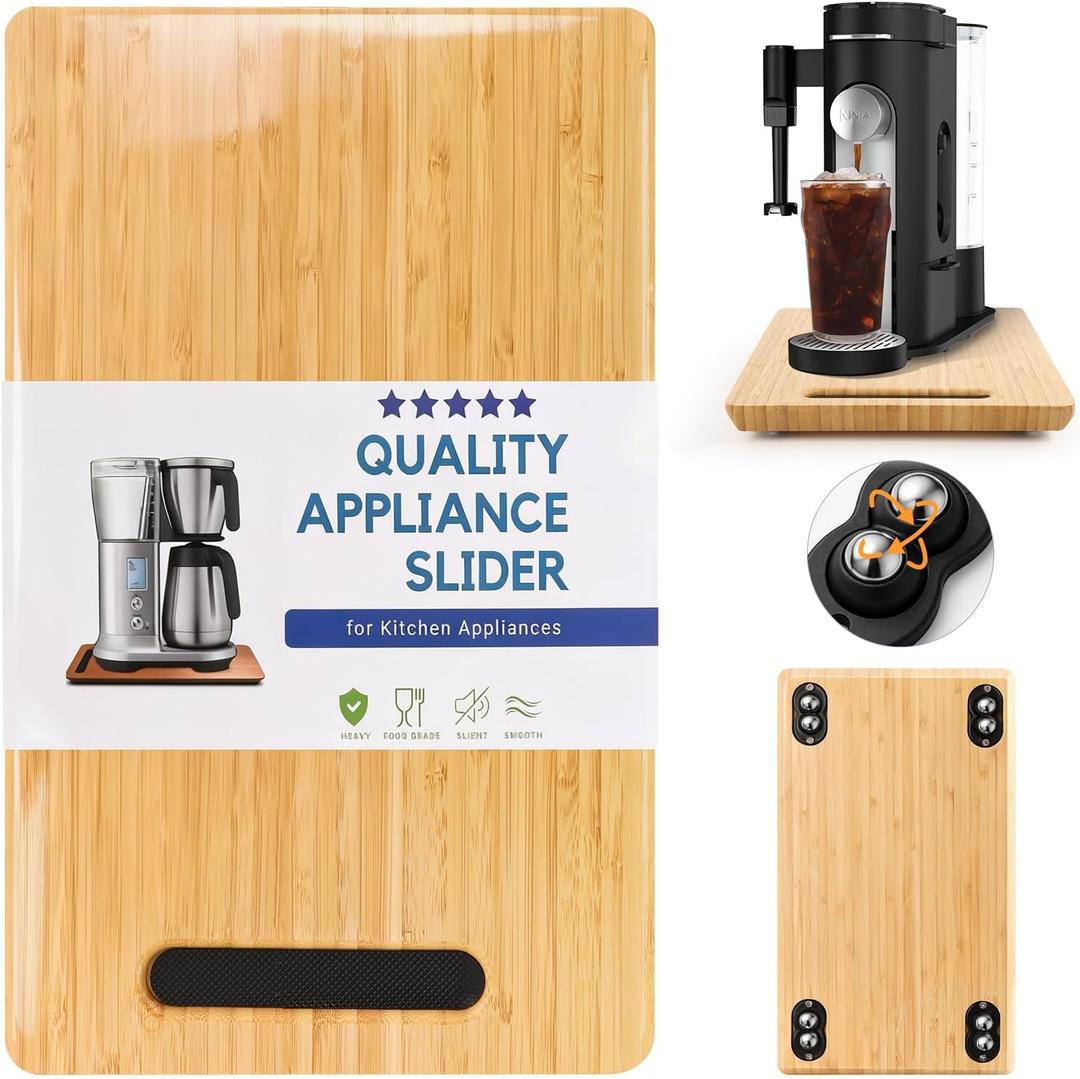 Fullin 360Appliance Slider, Bamboo Sliding Tray for Coffee Maker, Appliance Sliding for Kitchen Appliances Countertop Slides Easily from Under The Cabinet Rolling Tray with 360Rotation Metal Wheels