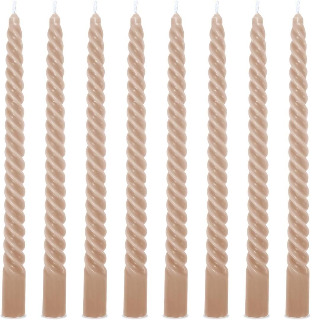 Whaline 8Pcs 10 Inch Sahara Beige Spiral Taper Candles Dripless Twisted Wax Candles Long Unscented Candlesticks for Wedding Holiday Celebration Home Party Dining Table Supplies
