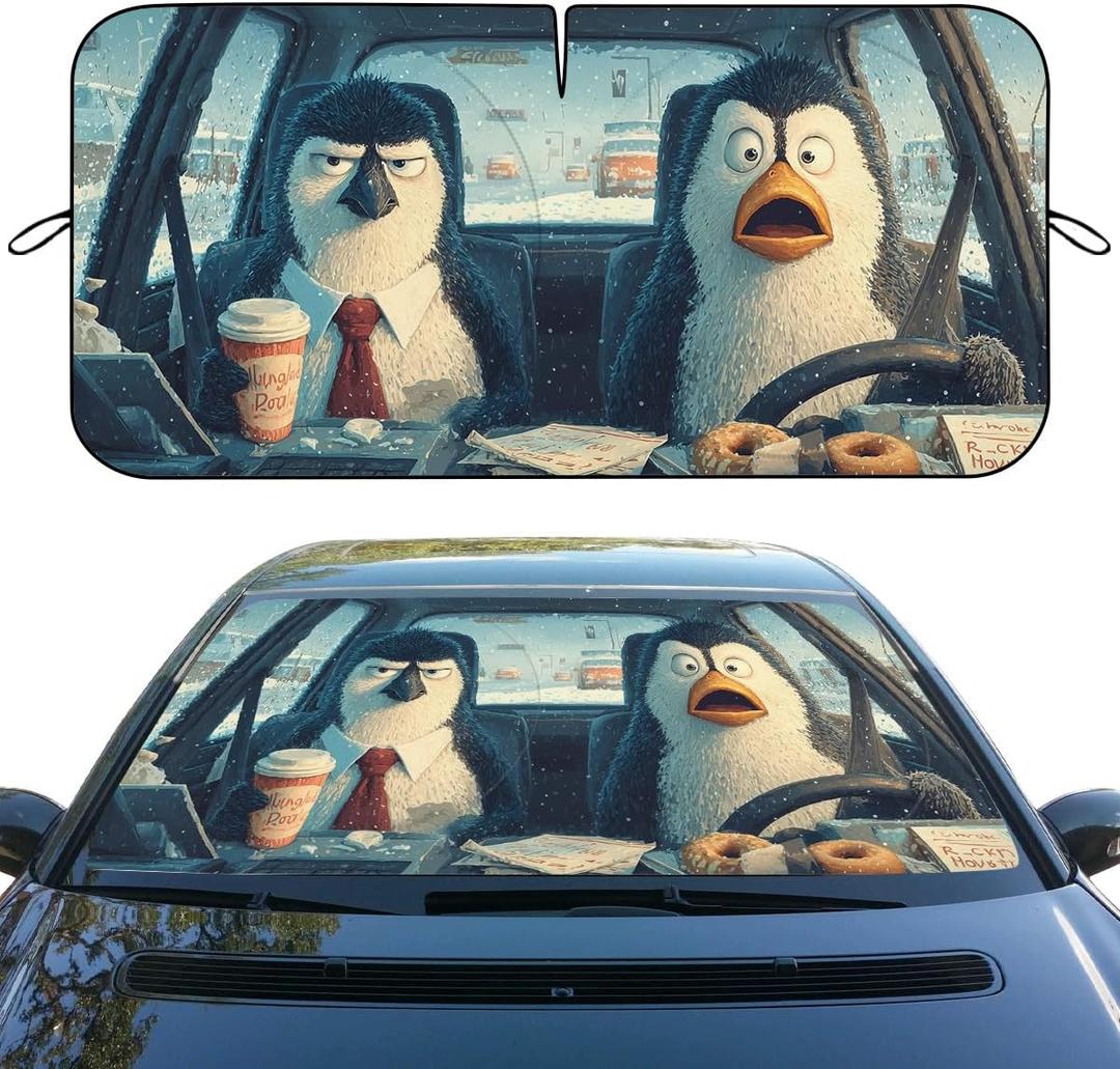 Funny Penguin Car Windshield Sunshades Cartoon Animals Winter Travel Snow Front Window Sun Shade Blocks UV Rays Sun Visor Protector for Car Sedan Truck SUV Accessories 59" X 31"