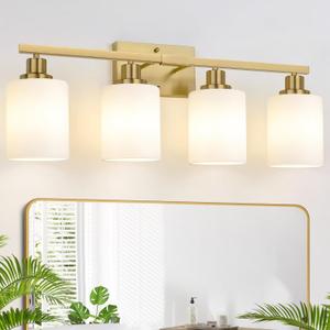 4-Light Bathroom Light Fixtures, Vanity Light with Milky White Shades, Brushed Gold Bathroom Lighting Fixtures Over Mirror, Modern Bathroom Wall Lamp for Mirror Living Room Cabinet Bedroom