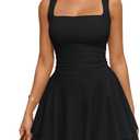 Trendy Queen Women's Square Neck Summer Party Flowy Ruffle Hem Ruched Waist Mini Dress M