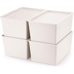 4 Pcs Storage Bins with Lids Plastic Containers Stackable Storage Box Baskets for Organizing Shelves(Beige,Small) (Small, Beige)