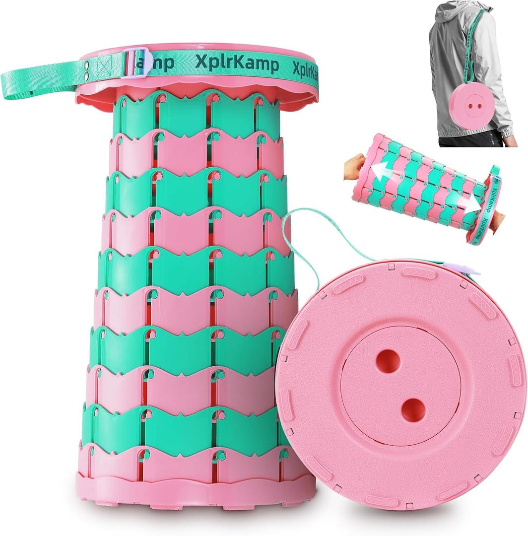 Folding Collapsible Stool Chair, Upgraded Lightweight Portable Seat for Adults, Adjustable Retractable Foldable Stools with Load Capacity 400lbs for Camping, Backpack, Fishing, Travel, Pink